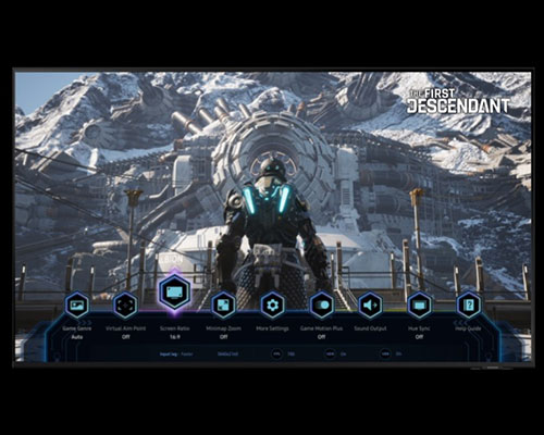 An action game is playing onscreen, with the Game bar onscreen at the bottom. The player selects Game Genre, Virtual Aim Point, Screen Ratio, then Minimap Zoom. The First Descendant game logo is on the top.