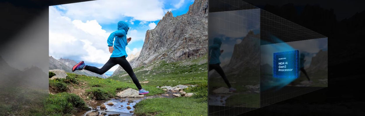 Samsung NQ4 AI Gen2 Processor works behind layered screens. When the processor powers on, the effect ripples through the layered screens to optimize the picture at the forefront. The details of a mountain side, rocks in a creek and shoes of a runner in a scene are upscaled to great clarity.