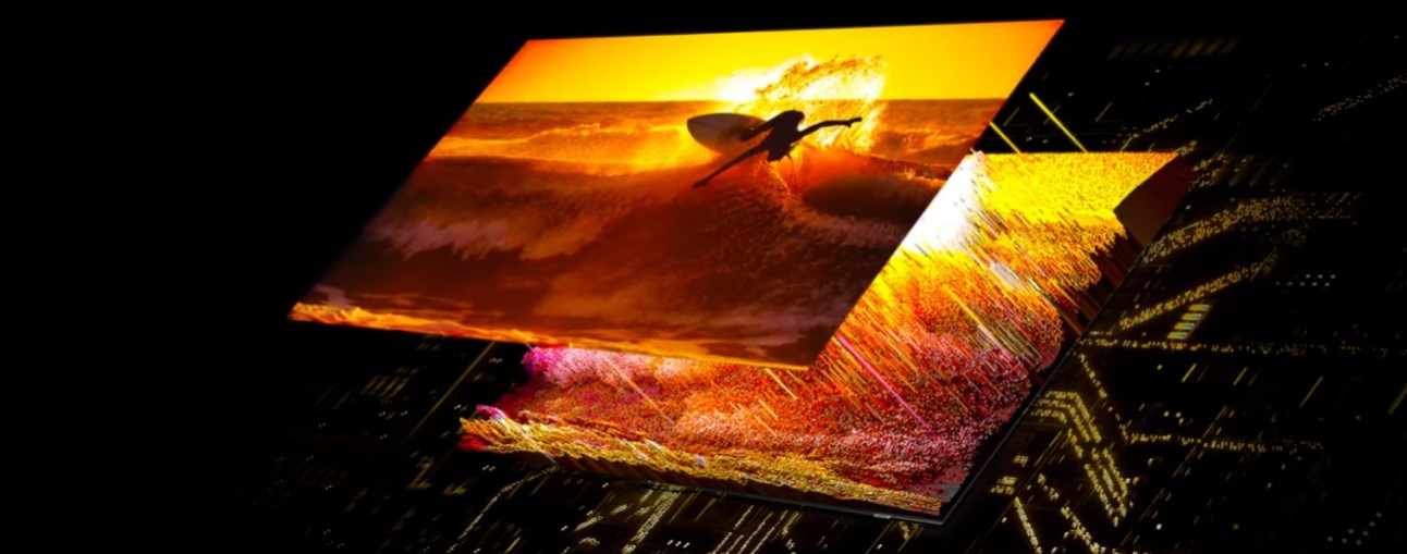 A surfer on the screen is displayed in detail through the Quantum Mini LEDs in the back that are accurately controlling light.
