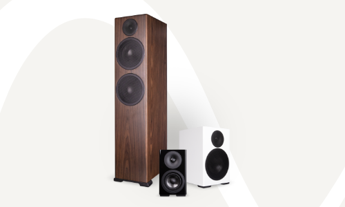 A variety of Episode HT series speakers including a subwoofer and cabinet speaker.