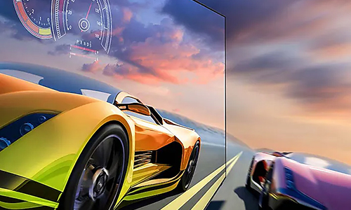 2 race cars are racing on a track. 1 looks clearer than the other and is going faster. 144Hz is on display.