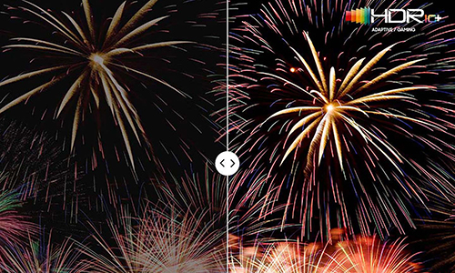 Firework scene on the left is dimmer while the same scene on the right is brighter and clearer with HDR 10+ ADAPTIVE/GAMING technology.