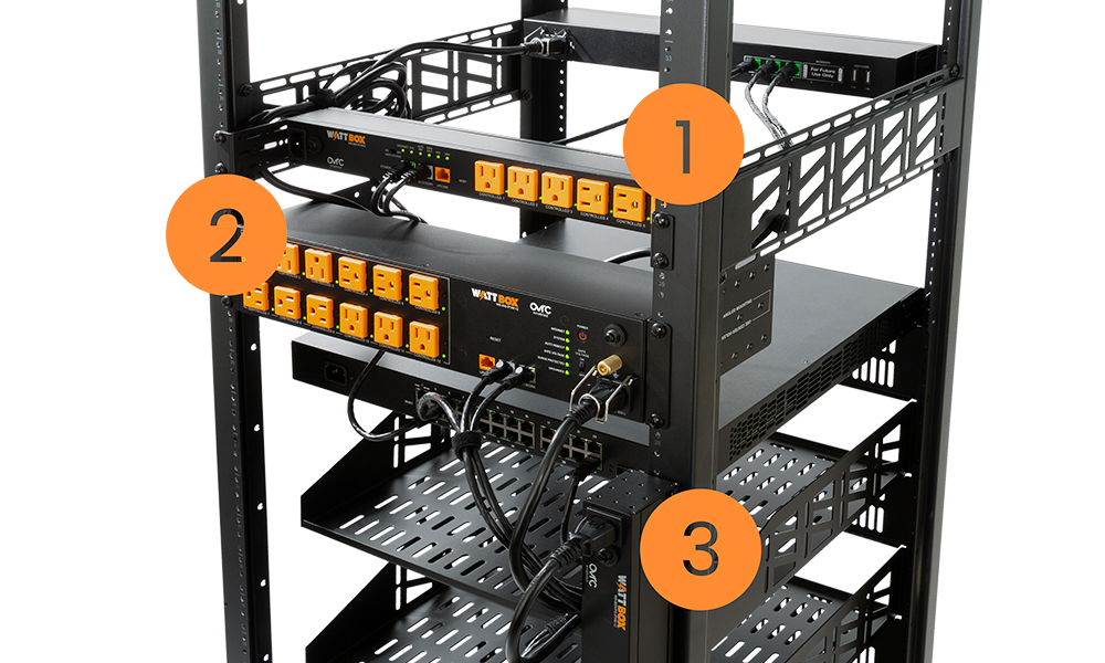 Diagram showing several WattBox Faceplates installed on an IT rack