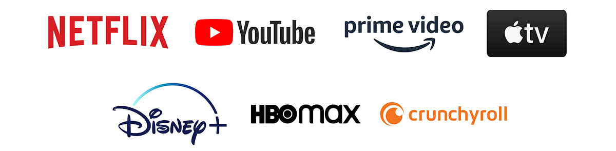 netflix, youtube, primevideo, apple tv, disney plus, HBO Max, Crunchy Roll logos