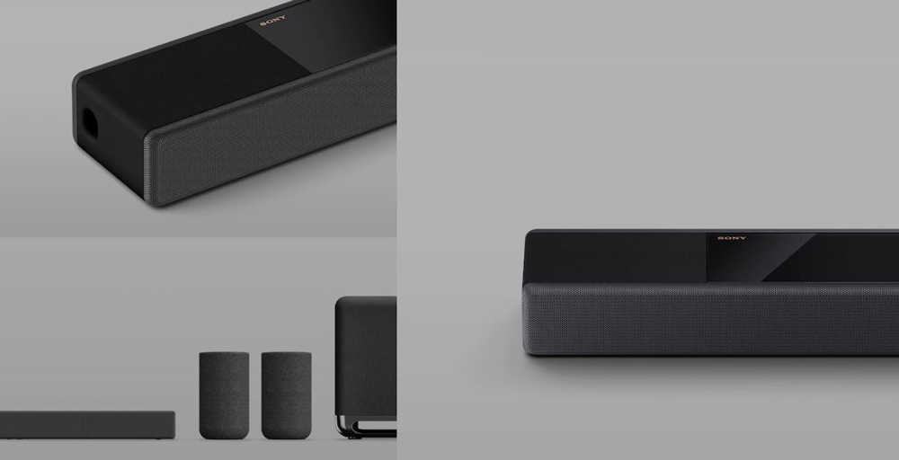 Montage of images showing Omnidirectional Block products including angled view of soundbar, front view of soundbar and soundbar with additional speakers