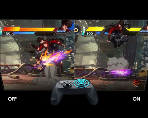 Two screens with the Auto Low Latency Mode On and Off during gameplay. As jump is pushed on the controller, the character on the screen with the feature On jumps faster than it does on the screen with the feature Off.