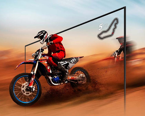 A dirt bike racer looks clear and visible inside the TV screen because of TV motion xcelerator technology.