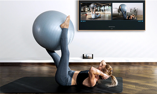 woman working out with exercise ball with work out video displayed on Frame